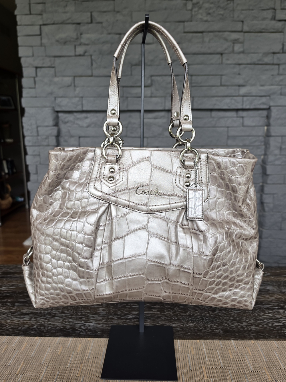 Coach Metallic Croc-Embossed Leather Tote - Champagne